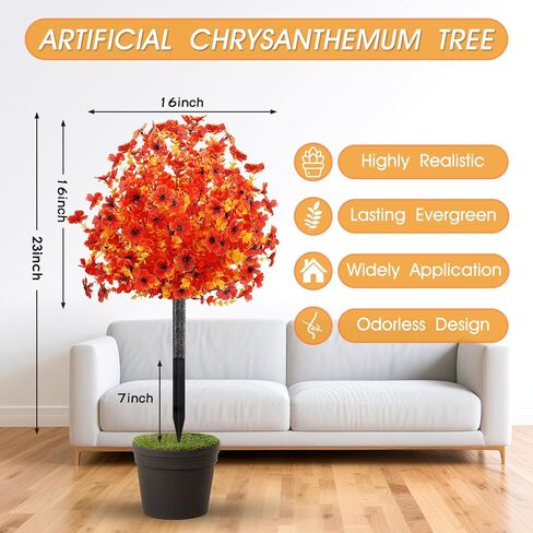 2pcs Fall Faux Shrub for Outdoor,23" UV Resistant Mum Flowers Topiary Balls with Ground Spike,Fall Fake Bushes Tree for Porch Garden Pathway Autumn Decor,Orange in Kuwait