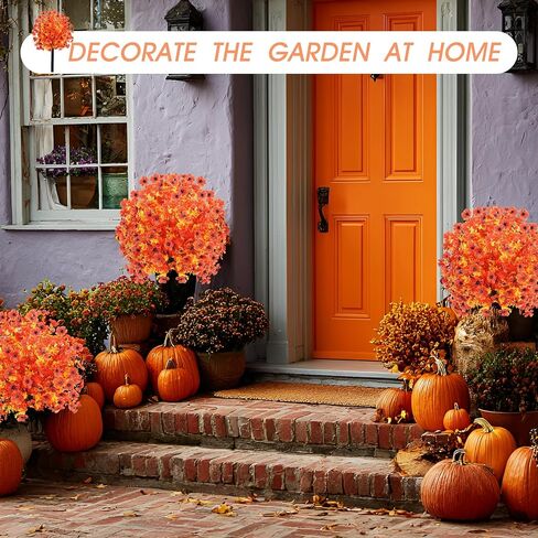 2pcs Fall Faux Shrub for Outdoor,23" UV Resistant Mum Flowers Topiary Balls with Ground Spike,Fall Fake Bushes Tree for Porch Garden Pathway Autumn Decor,Orange in Kuwait