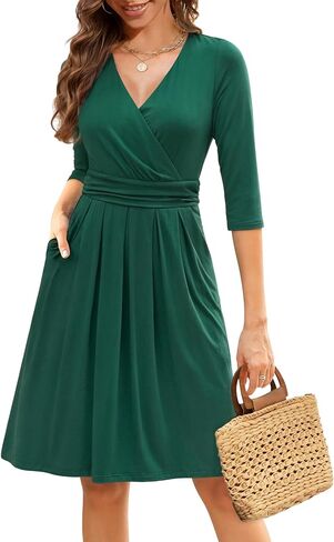 Zattcas Womens 2025 Wrap v Neck 3/4 فستان كوكتيل كم طلاء على خط ناتج وضيف الزفاف مع جيوب in Kuwait