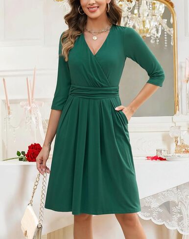 Zattcas Womens 2025 Wrap v Neck 3/4 فستان كوكتيل كم طلاء على خط ناتج وضيف الزفاف مع جيوب in Kuwait
