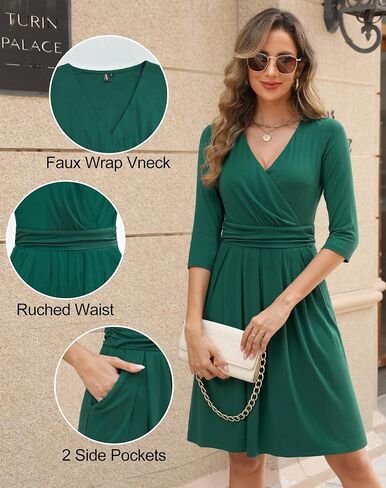 Zattcas Womens 2025 Wrap v Neck 3/4 فستان كوكتيل كم طلاء على خط ناتج وضيف الزفاف مع جيوب in Kuwait