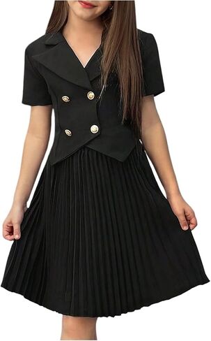 Verdusa Tween Girl's Clothing Set 2 Piece Outfits Button Down Collared Tops with Pleated Skirt Set in Saudi Arabia