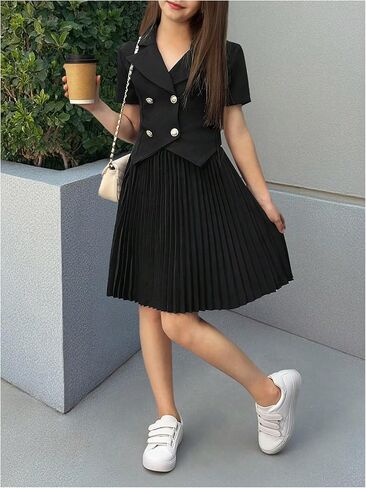 Verdusa Tween Girl's Clothing Set 2 Piece Outfits Button Down Collared Tops with Pleated Skirt Set in Saudi Arabia