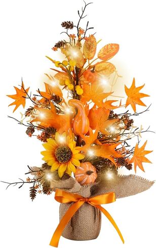 18 Inch Fall Table Tree, LED Lighted Fall Tree with Sunflowers Maple Leaf Pumpkin,Artificial Fall Tree for Autumn Harvest Thanksgiving Home Decor in Saudi Arabia