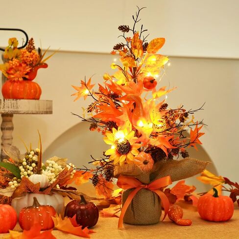 18 Inch Fall Table Tree, LED Lighted Fall Tree with Sunflowers Maple Leaf Pumpkin,Artificial Fall Tree for Autumn Harvest Thanksgiving Home Decor in Saudi Arabia