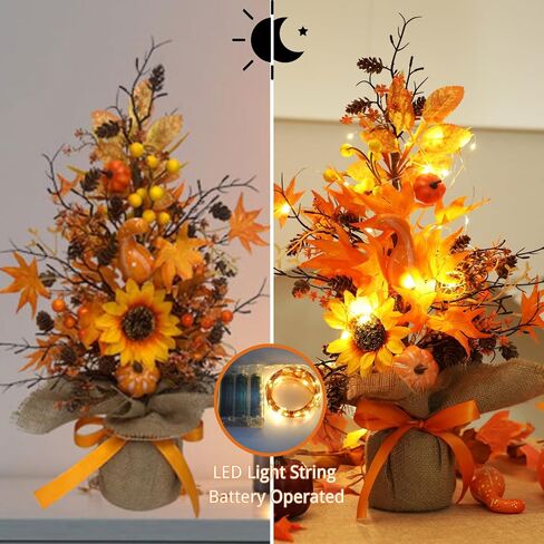 18 Inch Fall Table Tree, LED Lighted Fall Tree with Sunflowers Maple Leaf Pumpkin,Artificial Fall Tree for Autumn Harvest Thanksgiving Home Decor in Saudi Arabia