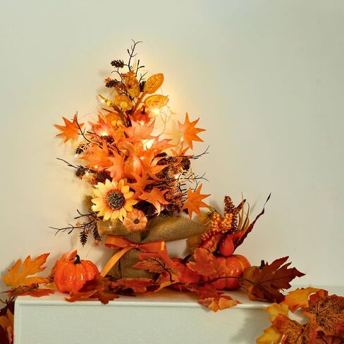 18 Inch Fall Table Tree, LED Lighted Fall Tree with Sunflowers Maple Leaf Pumpkin,Artificial Fall Tree for Autumn Harvest Thanksgiving Home Decor in Saudi Arabia