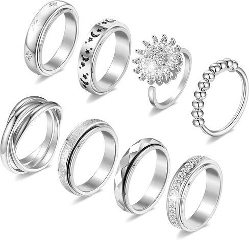 8 Pcs Fidget Rings for Women Anxiety Spinner Stainless Steel CZ Band Ring Spinning Rings Set for Anxiety in Saudi Arabia