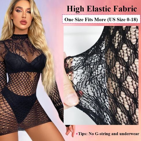 فستان لانجري نسائي، قميص بيبي دول مثير من شبكة صيد السمك، فستان تيدي صيفي بأكمام طويلة، قميص شبكي نسائي مثير in Kuwait