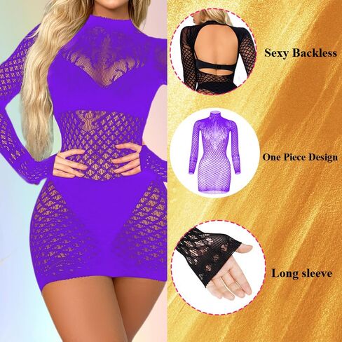 فستان لانجري نسائي، قميص بيبي دول مثير من شبكة صيد السمك، فستان تيدي صيفي بأكمام طويلة، قميص شبكي نسائي مثير in Kuwait