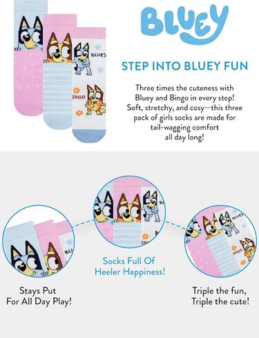 Bluey Socks 3 Pack, Multipack Girls Socks, Bingo Pack Of 3 Sock Set, Official Merchandise in Saudi Arabia