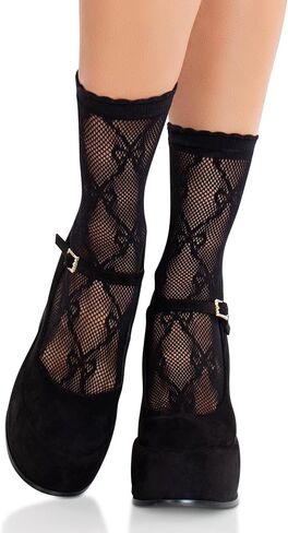Leg Avenue Women’s Black Fishnet Stockings Anklet Bow Socks with Scalloped Trim, Black, One Size in Saudi Arabia