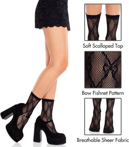 Leg Avenue Women’s Black Fishnet Stockings Anklet Bow Socks with Scalloped Trim, Black, One Size in Saudi Arabia