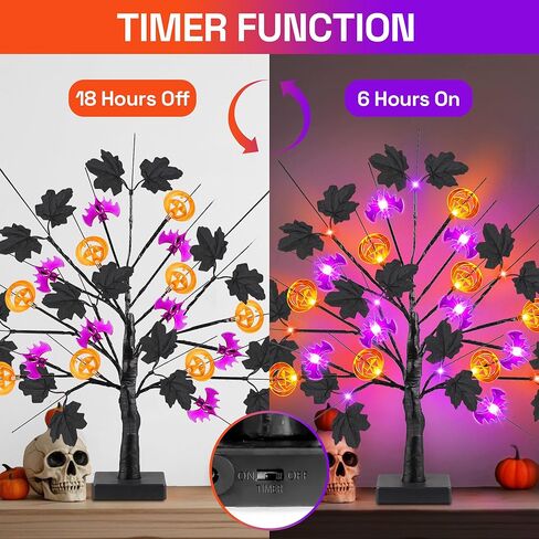 [توقيت] 18 بوصة ديكورات الهالوين شجرة هالوين سوداء مع 24 LED الأضواء الأرجواني البرتقالية وورق القرع ليف القيقب الأسود ، USB/البطارية تدير عيد الهالوين ديكور الطاولة الداخلية الحزب in Kuwait