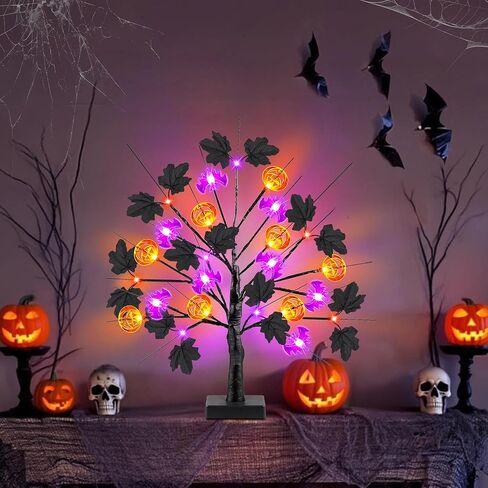 [توقيت] 18 بوصة ديكورات الهالوين شجرة هالوين سوداء مع 24 LED الأضواء الأرجواني البرتقالية وورق القرع ليف القيقب الأسود ، USB/البطارية تدير عيد الهالوين ديكور الطاولة الداخلية الحزب in Kuwait