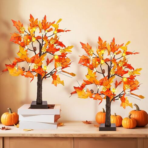 2 Pack 24" Lighted Artificial Maple Trees with 24 LED Lights, Battery Operated Fall Decor Tree, Perfect for Thanksgiving, Autumn Harvest, Weddings & Indoor Table Centerpieces in Saudi Arabia