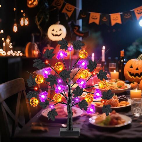 [توقيت] 18 بوصة ديكورات الهالوين شجرة هالوين سوداء مع 24 LED الأضواء الأرجواني البرتقالية وورق القرع ليف القيقب الأسود ، USB/البطارية تدير عيد الهالوين ديكور الطاولة الداخلية الحزب in Kuwait