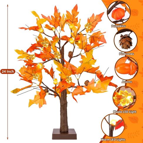 2 Pack 24" Lighted Artificial Maple Trees with 24 LED Lights, Battery Operated Fall Decor Tree, Perfect for Thanksgiving, Autumn Harvest, Weddings & Indoor Table Centerpieces in Saudi Arabia