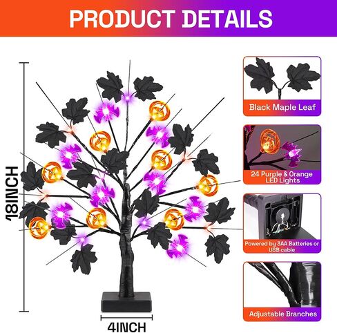 [توقيت] 18 بوصة ديكورات الهالوين شجرة هالوين سوداء مع 24 LED الأضواء الأرجواني البرتقالية وورق القرع ليف القيقب الأسود ، USB/البطارية تدير عيد الهالوين ديكور الطاولة الداخلية الحزب in Kuwait