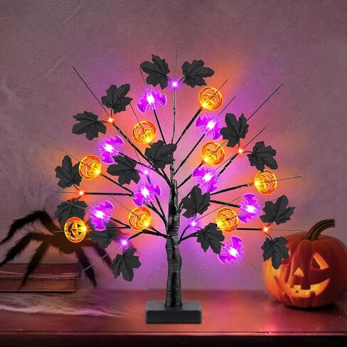 [توقيت] 18 بوصة ديكورات الهالوين شجرة هالوين سوداء مع 24 LED الأضواء الأرجواني البرتقالية وورق القرع ليف القيقب الأسود ، USB/البطارية تدير عيد الهالوين ديكور الطاولة الداخلية الحزب in Kuwait