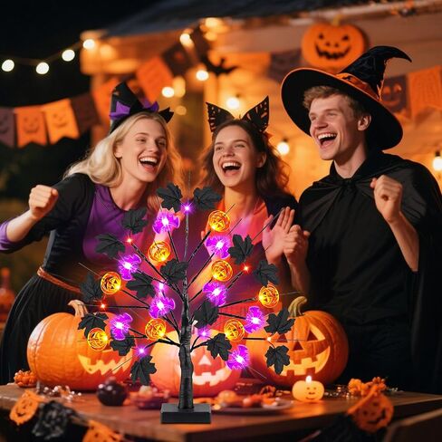[توقيت] 18 بوصة ديكورات الهالوين شجرة هالوين سوداء مع 24 LED الأضواء الأرجواني البرتقالية وورق القرع ليف القيقب الأسود ، USB/البطارية تدير عيد الهالوين ديكور الطاولة الداخلية الحزب in Kuwait