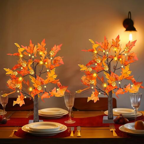 2 Pack 24" Lighted Artificial Maple Trees with 24 LED Lights, Battery Operated Fall Decor Tree, Perfect for Thanksgiving, Autumn Harvest, Weddings & Indoor Table Centerpieces in Saudi Arabia