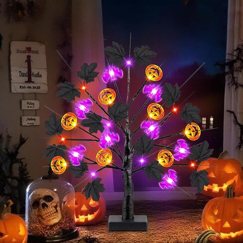 [توقيت] 18 بوصة ديكورات الهالوين شجرة هالوين سوداء مع 24 LED الأضواء الأرجواني البرتقالية وورق القرع ليف القيقب الأسود ، USB/البطارية تدير عيد الهالوين ديكور الطاولة الداخلية الحزب in Kuwait
