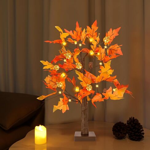 2 Pack 24" Lighted Artificial Maple Trees with 24 LED Lights, Battery Operated Fall Decor Tree, Perfect for Thanksgiving, Autumn Harvest, Weddings & Indoor Table Centerpieces in Saudi Arabia