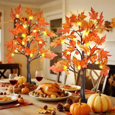 2 Pack 24" Lighted Artificial Maple Trees with 24 LED Lights, Battery Operated Fall Decor Tree, Perfect for Thanksgiving, Autumn Harvest, Weddings & Indoor Table Centerpieces in Saudi Arabia