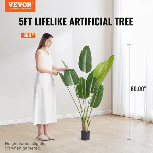 VEVOR Artificial Bird of Paradise Tree, 5 FT Tall Faux Plant, PE Material & Anti-Tip Tilt Protection Low-Maintenance Plant, Lifelike Green Fake Tree for Home Office Warehouse Decor Indoor Outdoor in Saudi Arabia