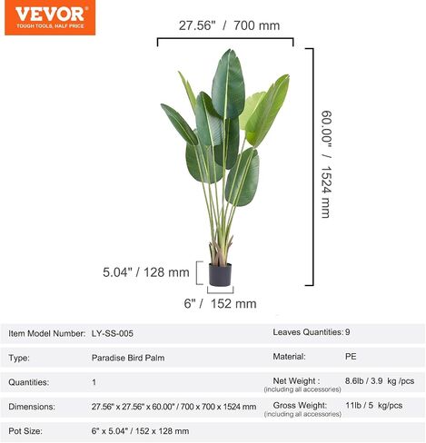 VEVOR Artificial Bird of Paradise Tree, 5 FT Tall Faux Plant, PE Material & Anti-Tip Tilt Protection Low-Maintenance Plant, Lifelike Green Fake Tree for Home Office Warehouse Decor Indoor Outdoor in Saudi Arabia