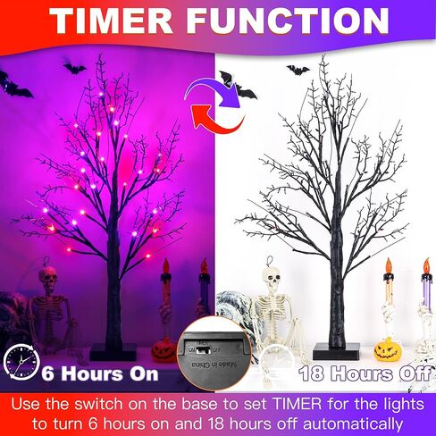 ديكورات هالوين داخلي 2 حزمة 24 بوصة شجرة هالوين سوداء مع 24 مصابيح LED أرجوانية برتقالية ، مؤقت/USB/بطارية تديرها شجرة الطاولة العصبية المضاءة لزخارتهما ديكور هالوين. in Kuwait