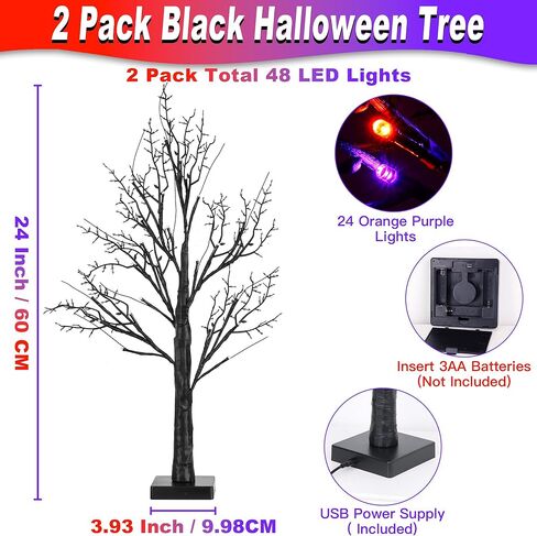 ديكورات هالوين داخلي 2 حزمة 24 بوصة شجرة هالوين سوداء مع 24 مصابيح LED أرجوانية برتقالية ، مؤقت/USB/بطارية تديرها شجرة الطاولة العصبية المضاءة لزخارتهما ديكور هالوين. in Kuwait