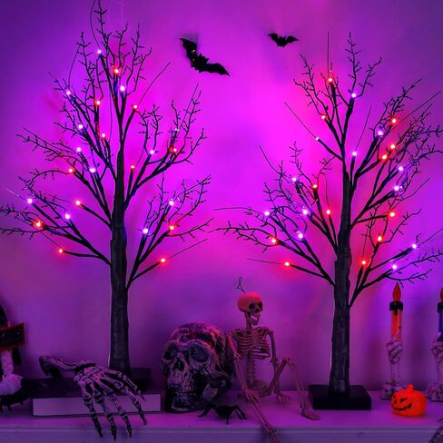 ديكورات هالوين داخلي 2 حزمة 24 بوصة شجرة هالوين سوداء مع 24 مصابيح LED أرجوانية برتقالية ، مؤقت/USB/بطارية تديرها شجرة الطاولة العصبية المضاءة لزخارتهما ديكور هالوين. in Kuwait