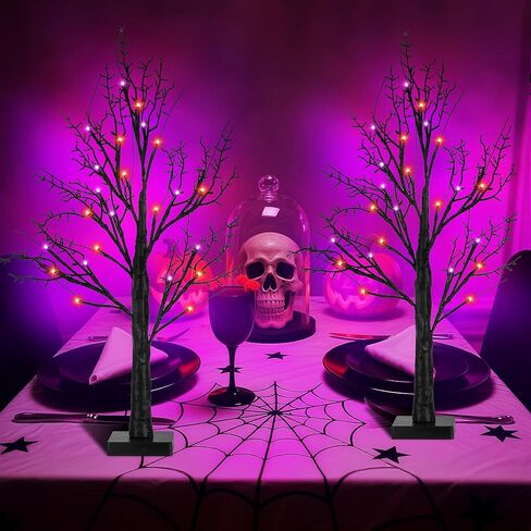 ديكورات هالوين داخلي 2 حزمة 24 بوصة شجرة هالوين سوداء مع 24 مصابيح LED أرجوانية برتقالية ، مؤقت/USB/بطارية تديرها شجرة الطاولة العصبية المضاءة لزخارتهما ديكور هالوين. in Kuwait