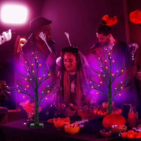 ديكورات هالوين داخلي 2 حزمة 24 بوصة شجرة هالوين سوداء مع 24 مصابيح LED أرجوانية برتقالية ، مؤقت/USB/بطارية تديرها شجرة الطاولة العصبية المضاءة لزخارتهما ديكور هالوين. in Kuwait