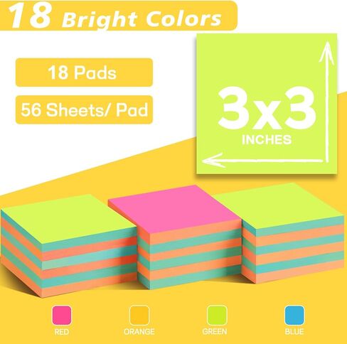 (18 Pads) Pop Up Sticky Notes 3x3 Refills, Strong Adhesive Memo Pad Bulk with 9 Bright Colors, Suitable for Home, Office, School, Clean Removal in Saudi Arabia