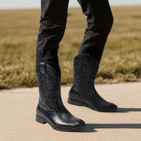 Mofri Cowboy Boots for Men Square Toe Western Classic Slipered Slip على حذاء رجال كعب مكتنزة in Kuwait