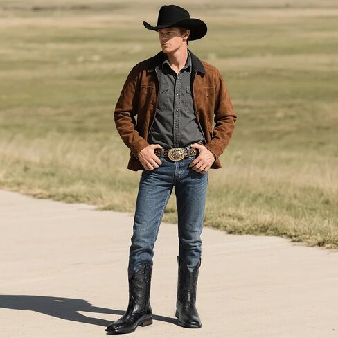 Mofri Cowboy Boots for Men Square Toe Western Classic Slipered Slip على حذاء رجال كعب مكتنزة in Kuwait