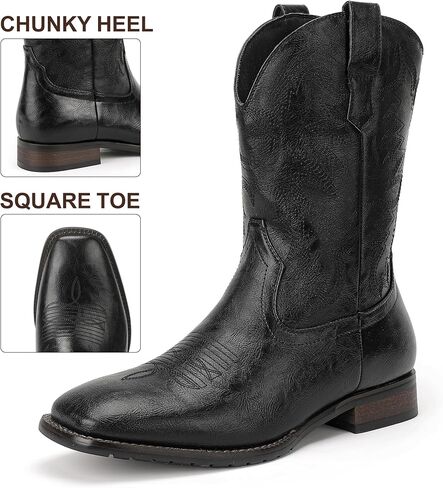 Mofri Cowboy Boots for Men Square Toe Western Classic Slipered Slip على حذاء رجال كعب مكتنزة in Kuwait