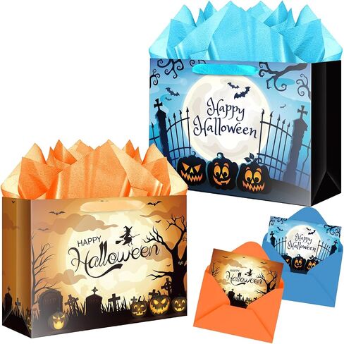 Jaywayang 2Pcs 12.6" Large Happy Halloween Paper Gift Bags with Card and Tissue Paper for Kids Halloween Presents Warpping, Holiday, Trick or Treat Party. in Saudi Arabia
