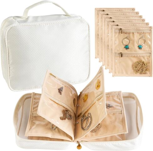 Travel Jewelry Organizer Case with Multiple Clear Zipper Pockets - Ring Binder Style Storage Bag for Necklaces, Earrings, Rings, Bracelets, Ideal for Gifts & Travel(beige) in Saudi Arabia