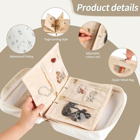 Travel Jewelry Organizer Case with Multiple Clear Zipper Pockets - Ring Binder Style Storage Bag for Necklaces, Earrings, Rings, Bracelets, Ideal for Gifts & Travel(beige) in Saudi Arabia