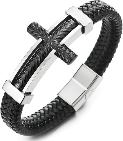 COOLSTEELANDBEYOND Mens Steel Horizontal Sideway Lateral Cross Silver Black ID Identify Black Braided Leather Bracelet in Saudi Arabia