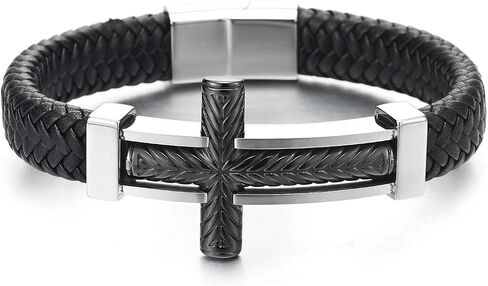 COOLSTEELANDBEYOND Mens Steel Horizontal Sideway Lateral Cross Silver Black ID Identify Black Braided Leather Bracelet in Saudi Arabia