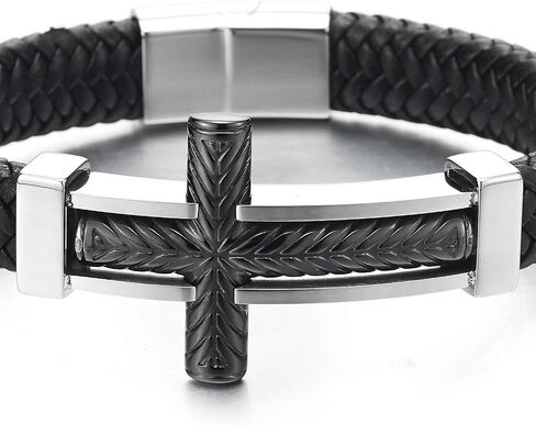 COOLSTEELANDBEYOND Mens Steel Horizontal Sideway Lateral Cross Silver Black ID Identify Black Braided Leather Bracelet in Saudi Arabia