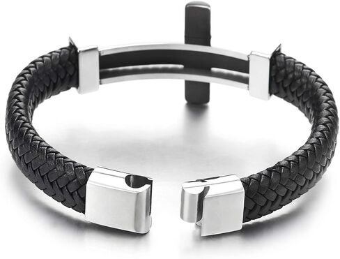 COOLSTEELANDBEYOND Mens Steel Horizontal Sideway Lateral Cross Silver Black ID Identify Black Braided Leather Bracelet in Saudi Arabia