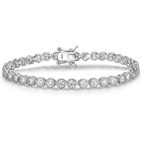 Sterling Silver Bezel Set Cubic Zirconia Tennis Bracelet for Women, Milgrain Round Cut Cubic Zirconia Bracelet, Classic Minimalist Everyday Jewelry, Stackable Bracelets, Bridal Jewelry in Saudi Arabia