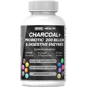 كبسولات الفحم المنشط - قوة إضافية مع شيلاجيت ، 200 مليار من بروبيوتيك CFU ، إنزيمات الهضمية ، النعناع ، الشمر ، عرق السوس والزنجبيل - 120 كبسولة (حزمة 1) in Kuwait