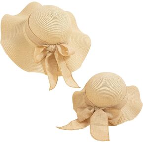 Julerwoo 2 PCS الوالدين والطفل قبعة واسعة Brim Bowknot قبعة الشاطئ شمس قبعة للبنات النساء in Kuwait